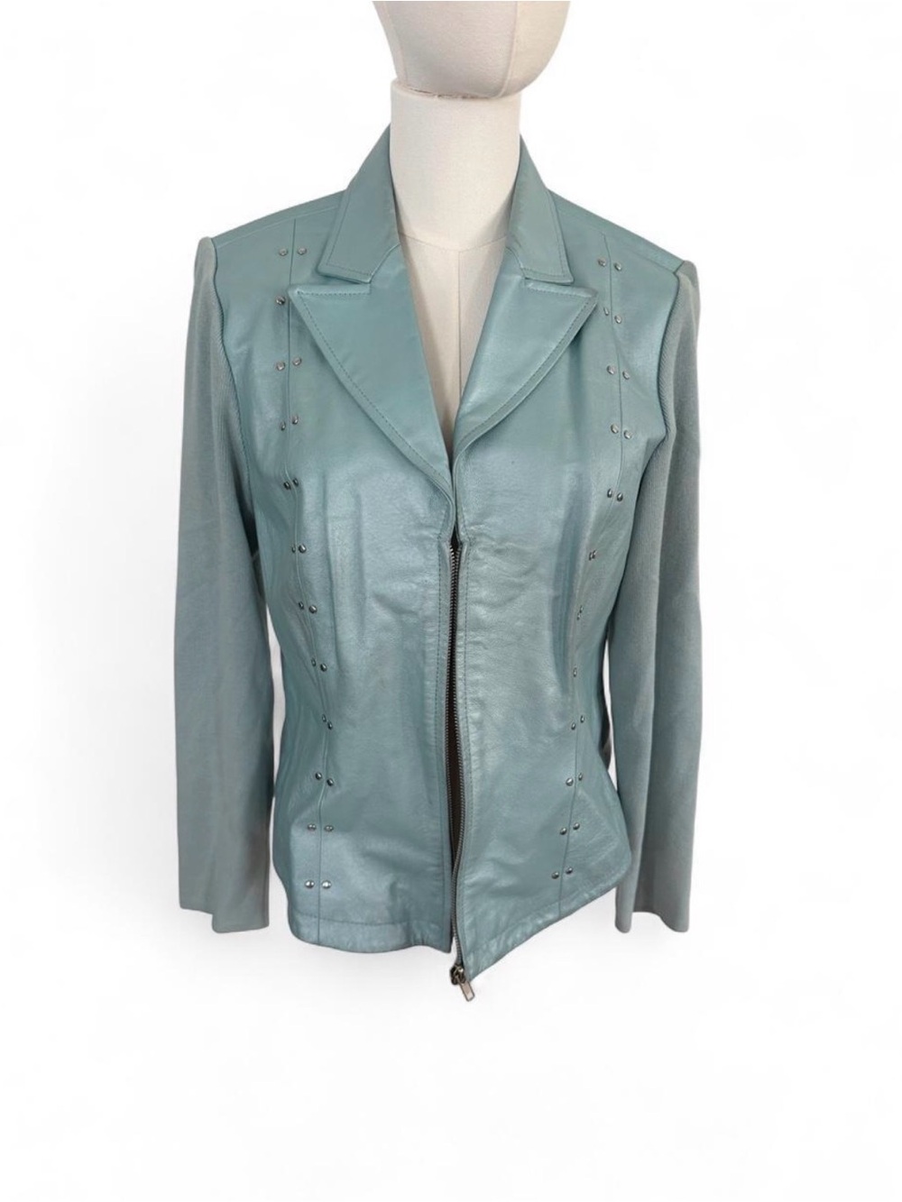 Soft Blue Leather Zip Front Women's Jacket